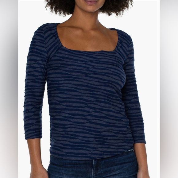 Liverpool Tops - SALE! Liverpool Square Neck 3/4 Sleeve Knit Top in Navy Space Dye Stripe Size S